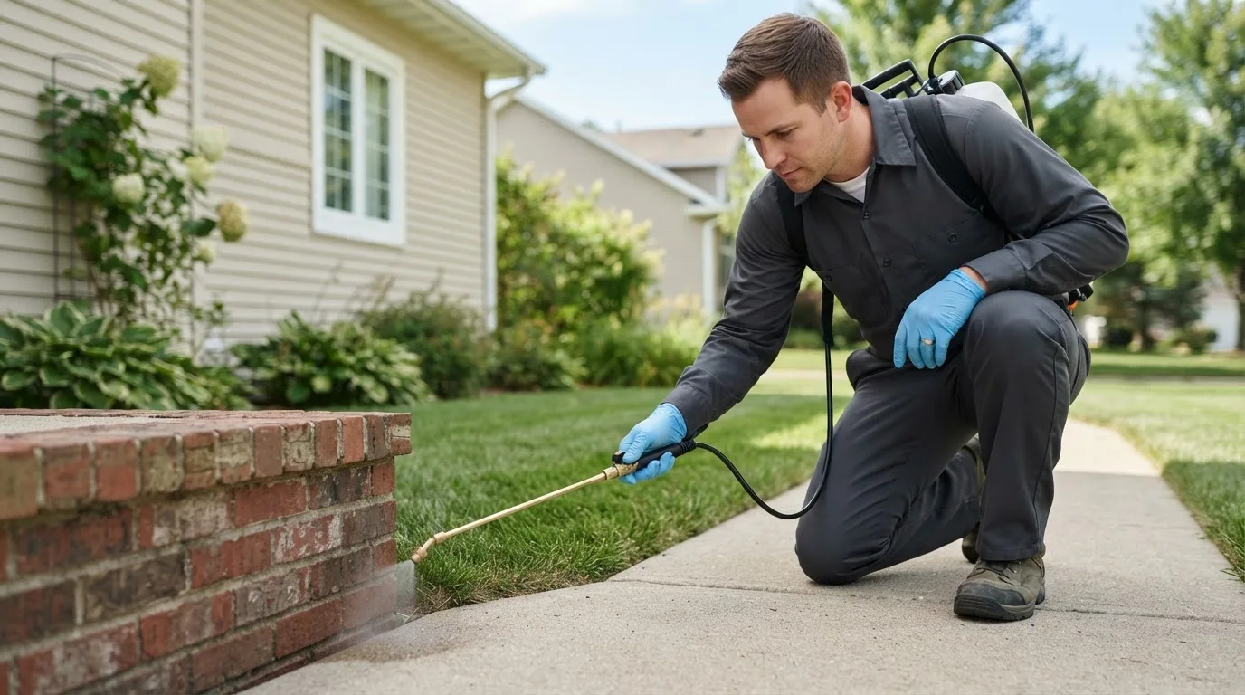 Pest control technician treating a home near Blair, WV